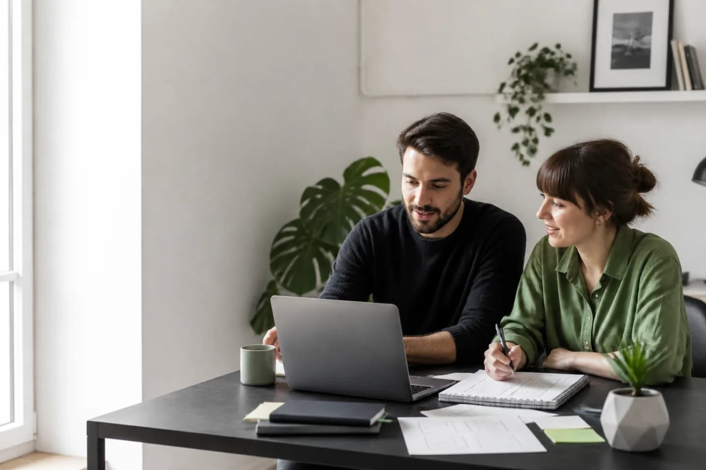 Two independent professionals collaborating at a bright workspace